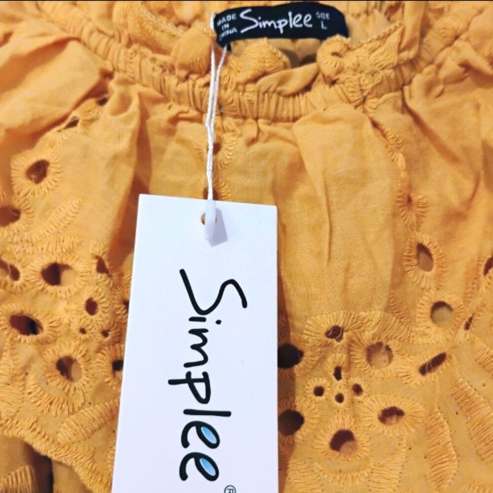 Simplee Dress Mustard Cotton Off Shoulder Ruffle Eyelet Cottage Prairie Peasant - Picture 12 of 14